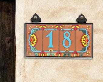Turquoise on Terra Cotta Talavera Tile House Numbers | Talavera End Caps | Colorful Southwestern Address Sign | Arizona Made