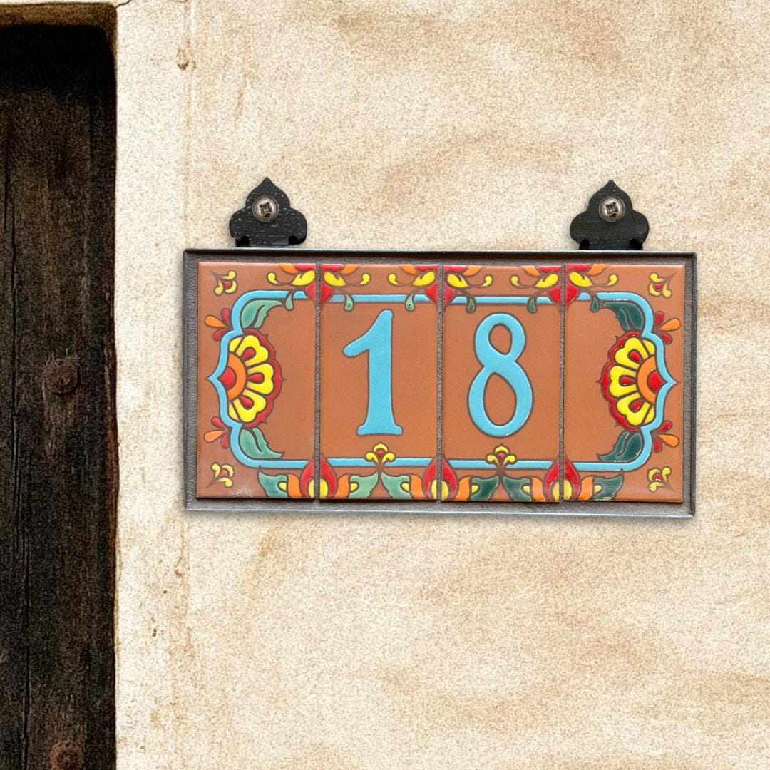 Turquoise On Terra Cotta Talavera Ceramic Tile House Numbers | End Caps Colorful Address Sign Custom Arizona Made