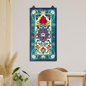 Arabesque Lotus Blossom Mural | 18"x36" Hand Glazed Ceramic Tile Art | Indoor Outdoor Colorful Wall Decor | Metal Frame | Weatherproof
