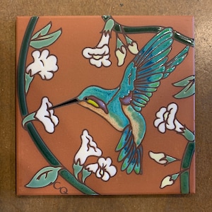 6"x6" Hummingbird with White Flowers on Terra Cotta Ceramic tile