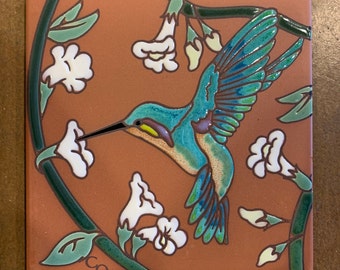 6"x6" Hummingbird with White Flowers on Terra Cotta Ceramic tile