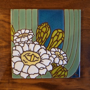 6"x6" Hand Glazed Decorative Tile Coaster Trivet Saguaro Bloom