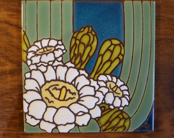 6"x6" Hand Glazed Decorative Tile Coaster Trivet Saguaro Bloom