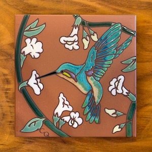 6"x6" Hummingbird with White Flowers on Terra Cotta Ceramic tile