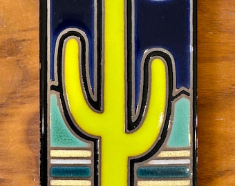 Retro Saguaro Cactus Ceramic Tile: Hand-Glazed Southwest Art