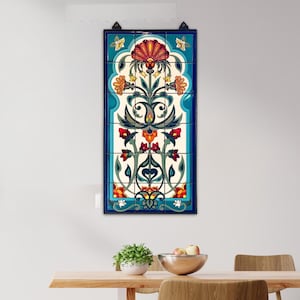Arabesque Indian Floral Mural | 18&quot;x36&quot; Hand Glazed Ceramic Tile Art | Indoor Outdoor Arabesque Wall Decor | Metal Frame | Weatherproof