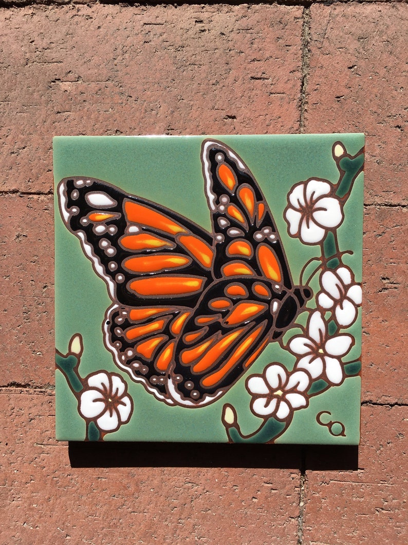 6x6 Monarch Butterfly ceramic tile w Green Etsy