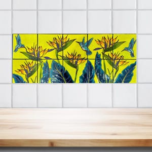 Birds of Paradise Green Kitchen Backsplash Hand Glazed Tile Mural 30&quot;x12&quot; | 10 6&quot;x6&quot; Loose tiles for installation | Colorful Tropical Decor