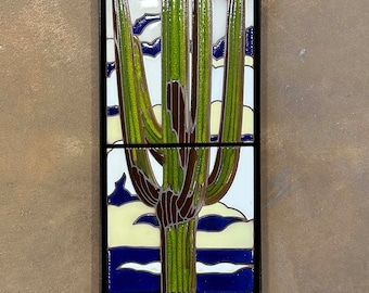 6"x24" Retro Saguaro at Night Tile Mural- Framed