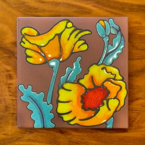 Hand Glazed Desert Poppy Ceramic Tile: Southwest Terra Cotta Trivet or Wall Art