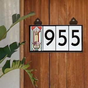 April Showers | Custom Frank Lloyd Wright© White Ceramic Tile Address Numbers | Hand Glazed Tile | Personalizable Framed Modern Address Sign