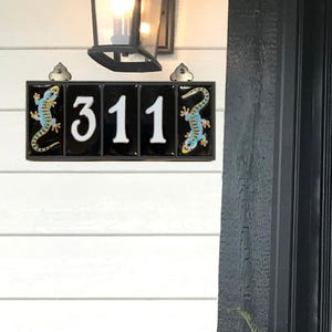 Geckos House Numbers | Black Background White Numbers | Gecko / Lizard End Caps | Ceramic Tile House Sign | Custom Address Plaque
