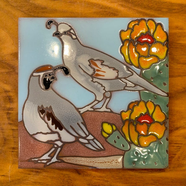 Hand Glazed Gambel's Quail Tile: Southwest Desert Decor, Tucson Made