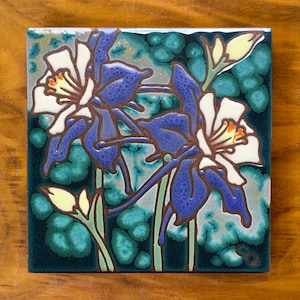 6&quot;x6&quot; Colorado Blue Columbines | Hand Glazed Ceramic Tile Trivet | Colorado Art Gift