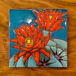 6"x6" Hand Glazed Decorative Tile Coaster Trivet Hedgehog Cactus Bloom