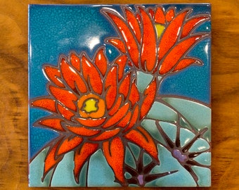 6&quot;x6&quot; Hand Glazed Decorative Tile Coaster Trivet Hedgehog Cactus Bloom