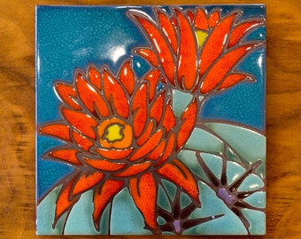 6"x6" Hand Glazed Decorative Tile Coaster Trivet Hedgehog Cactus Bloom