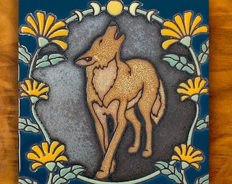 Coyote and Orange Flowers | Hand glazed Ceramic Tile | Desert Art Gift