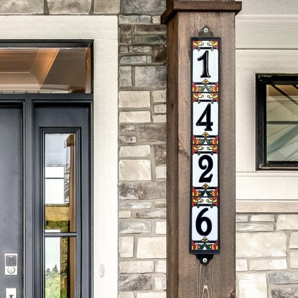 Vertical Tile House Sign | Framed & Ready to Hang | Blue Numbers on White Talavera | Hand Glazed Custom Address Plaque | Personalizable