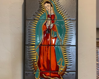 Hand Glazed Tile Mural Virgin de Guadalupe on Black Adventurine