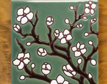 6&quot;x6&quot; Cherry Blossom ceramic tile w Jade Background
