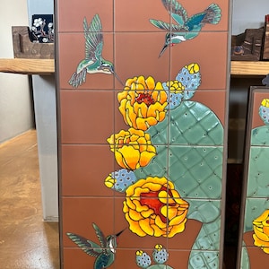 18x36 Hummingbirds on Terra Cotta w prickly pear cactus blooms - Arizona art, Hand glazed tile mural