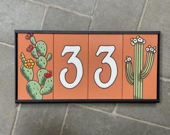 Cactus Southwestern Address Sign | Loose House Number Tiles & Drop-In Frame | Terra Cotta w White Numbers | Prickly Pear + Saguaro End Caps