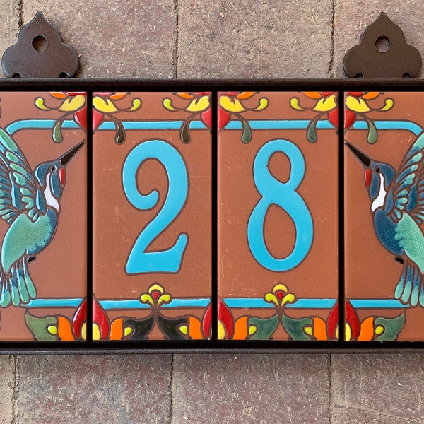 Custom Hand Glazed Turquoise on Terra Cotta Ceramic Tile House Numbers with Hummingbird End Caps