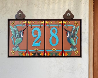 Southwestern Address Sign with Hummingbird End Caps | Turquoise on Terra Cotta Talavera Tile House Numbers | Framed or Loose Tiles