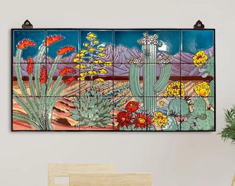 Hand Glazed Sonoran Desert Tile Mural: Arizona Art (36x18)