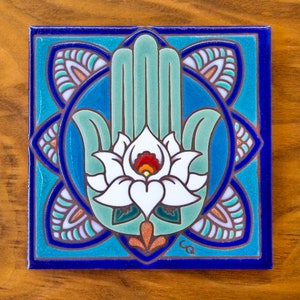 6"x6" Hand Glazed Decorative Tile Coaster Trivet Hamsa Hand Lotus Flower