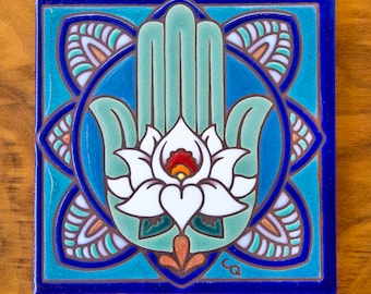 Hamsa Hand Lotus Flower Tile: Hand-Glazed Ceramic Trivet Wall Art