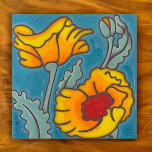 Hand Glazed Desert Poppy Blue Ceramic Tile: Southwest Floral Decor (6"x6")