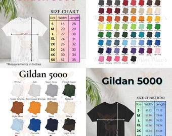 May include: A size chart for Gildan 5000 t-shirts, showing the width and length measurements in inches for sizes S through 5X. The chart also includes a color chart with various colors, including white, ash, sport grey, forest green, Texas orange, Tennessee orange, old gold, natural, light blue, royal, navy, black, red, cornsilk, purple, and light pink.