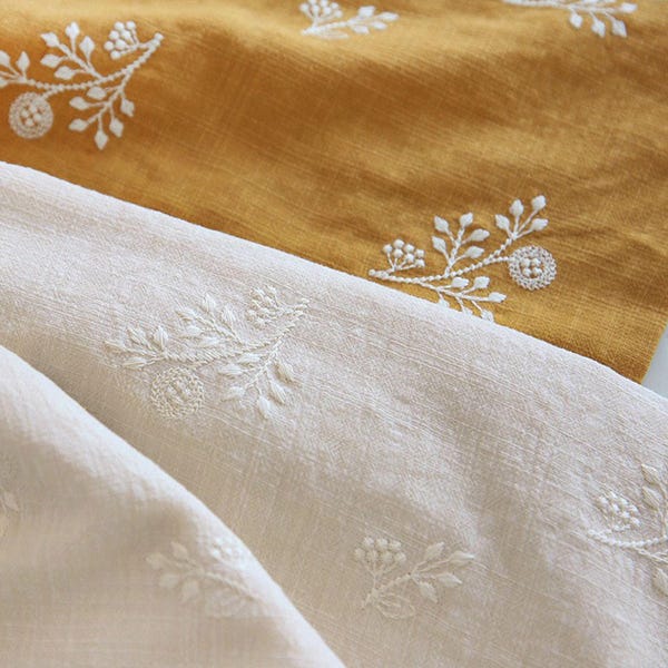 Floral Cotton Embroidered Fabric- Japanese Fabric- Embroidered Fabric-  Quilting Fabric- Flower  Fabric-Dresses Fabric- By The Half Yard