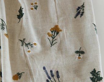 Floral Linen Embroidered Fabric- Vintage Floral Linen Fabric- Plant Embroidered- Designer- Quilting- Customized Clothing- By the Half Yard