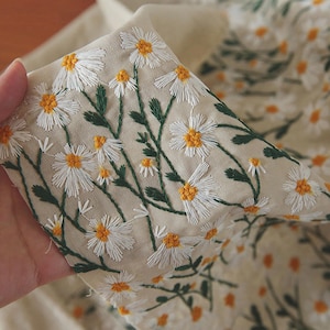 Cotton Linen Embroidered Daisy Style Fabric- Embroidered- Customized Fabric- Dress Fabric-DIY Bag Fabric- By the Half Yard