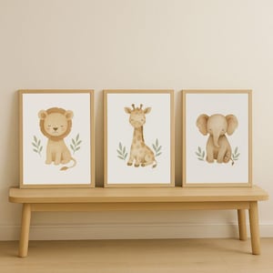 Boho Safari Animals Nursery Wall Art Set – Minimalist Baby Safari Prints – Elephant, Giraffe, Lion – Neutral Safari Animal Decor, Wall Decor