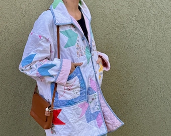 Handmade Vintage Signature Memories Quilt Coat-Upcycled Jacket-Size M/L