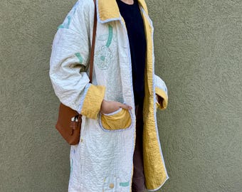 Handmade Vintage Sunrise Floral Appliqué Quilt Coat-Upcycled Jacket-Size L/XL