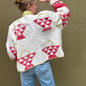 Handmade Sweet and Sour Baskets Quilt Coat- One of a Kind Jacket- Size L/XL