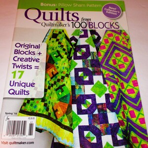 May include: A book cover with the title "Quilts from Quiltmaker's 100 Blocks". The cover features three colorful quilt blocks in shades of green, purple, and pink. The text "Original Blocks + Creative Twists = 17 Unique Quilts" is on the left side of the cover.