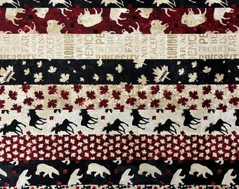 May include: A fabric with alternating horizontal stripes featuring Canadian symbols. The stripes display maple leaves, moose, bears, and text that reads "Glorious and Free" and "Proud". Colors include red, black, white, and beige.
