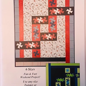 May include: A quilting pattern for a "Twister Knot" quilt. The pattern features a red, white, and black color scheme with a geometric design. The pattern is available in six sizes and can be made using a twister or primitive pinwheel tool. The pattern is titled "Twister Knot" and the pattern number is QM142.
