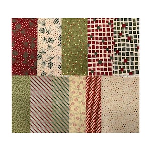 May include: A collection of ten fabric swatches with various Christmas-themed patterns. Designs include red and green dots, pinecones, stripes, and geometric shapes. The fabrics are in shades of red, green, and cream.