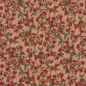 May include: A seamless fabric pattern featuring a repeating design of small red berries and green leaves on a light brown background.