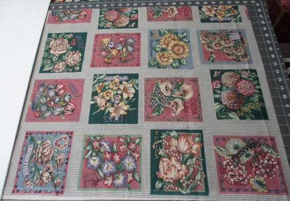FLOWER GARDEN Block Panel Wamsutta OTC. Cheater Seed Packets-100% Cotton Quilt Fabric -Sold by the 28 block piece (approx. 24" x 43"(wof)