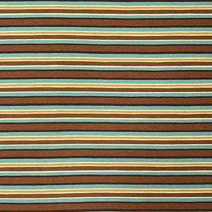 May include: A close-up of a fabric with horizontal stripes. The stripes alternate between brown, light blue, tan, and white. The pattern is evenly spaced and creates a textured appearance.