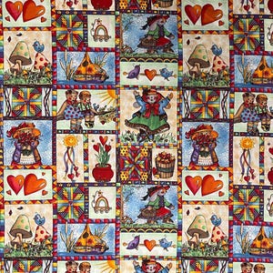 May include: A colorful patchwork fabric featuring whimsical illustrations. The design includes hearts, mushrooms, suns, and figures in a repeating pattern. The fabric has a variety of colors, including red, orange, blue, and green, with a border of geometric shapes.