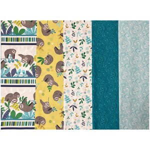 May include: A collection of fabric swatches with various patterns. Designs include sloths on branches, floral arrangements, and swirling teal and light blue patterns. The fabrics are arranged in vertical stripes, showcasing the different designs.